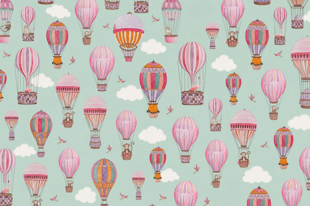 Hot Air Balloon Animals Wallpaper Watercolor Sky Wall Mural pattern artwork