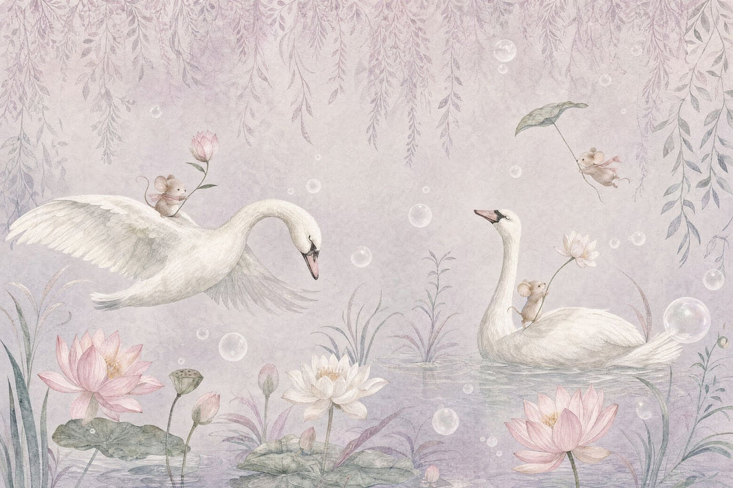 Watercolor Swans Wallpaper Pastel Pond Garden Wall Mural pattern artwork