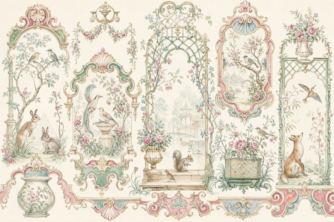Chinoiserie Garden Scenes Wallpaper Ornate Frames Wall Mural pattern artwork