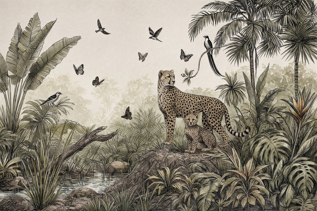 Cheetah And Cub Wallpaper Muted Green Jungle Wall Mural pattern artwork