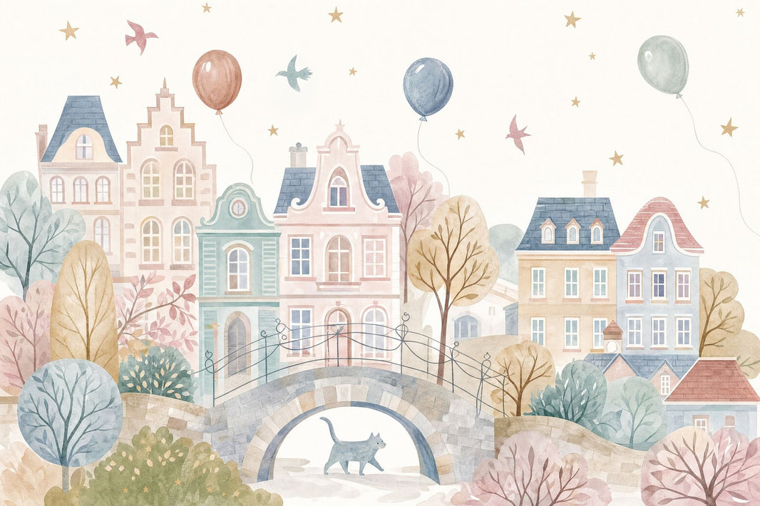 Watercolor Townscape Wallpaper Pastel European Village Wall Mural pattern artwork