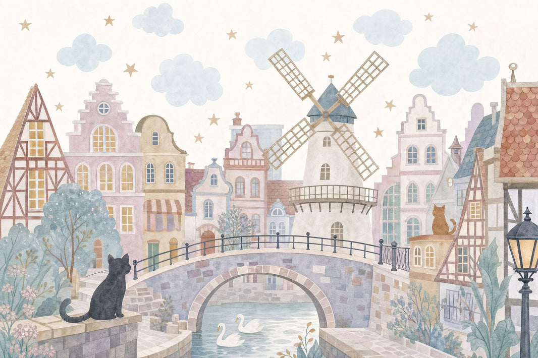 Watercolor Dutch Village Wallpaper Pastel Storybook Wall Mural pattern artwork