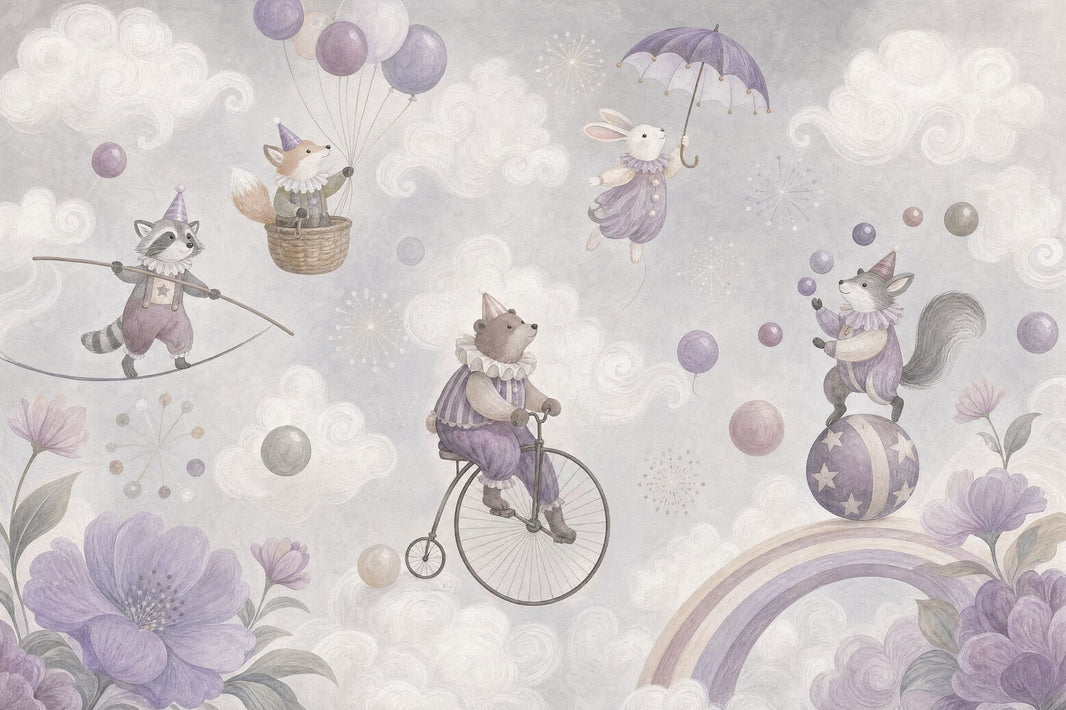 Watercolor Circus Animals Wallpaper Cloudy Sky Wall Mural pattern artwork