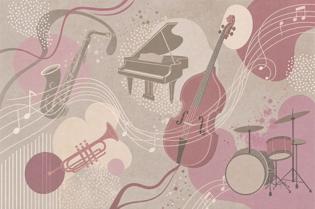 Jazz Instruments Wallpaper Dusty Pink Wall Mural pattern artwork
