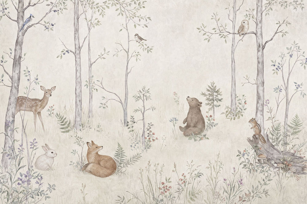 Woodland Animals Wallpaper Muted Green Forest Wall Mural pattern artwork