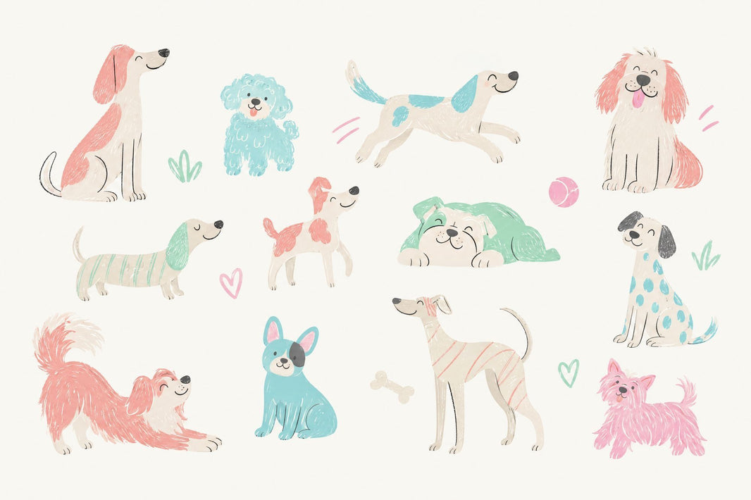 Playful Puppies Wallpaper Pastel Illustrated Wall Mural pattern artwork