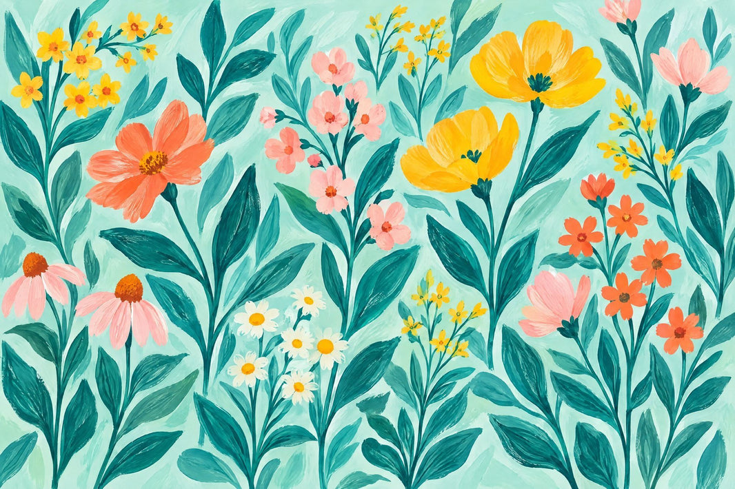 Hand Painted Garden Flowers Wallpaper Teal Background Wall Mural pattern artwork