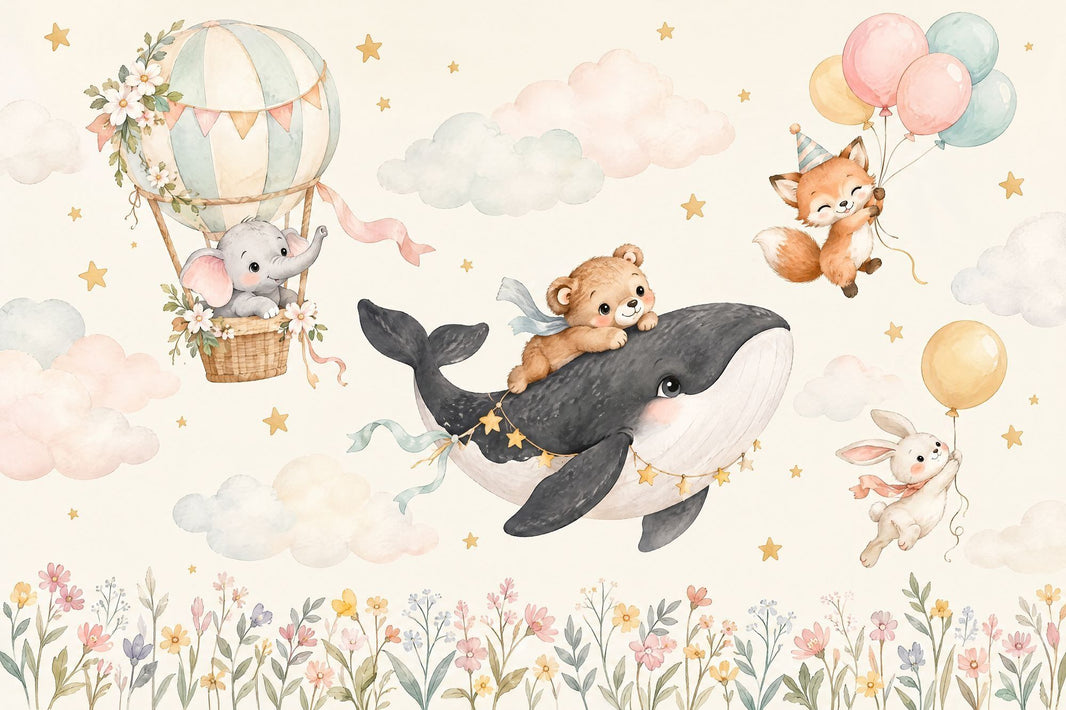 Hot Air Balloon Animals Wallpaper Watercolor Nursery Wall Mural pattern artwork