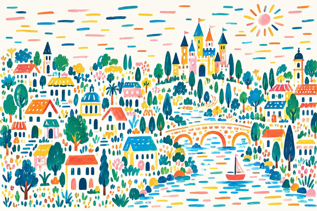 Fairytale Castle Village Wallpaper Watercolor Scene Wall Mural pattern artwork