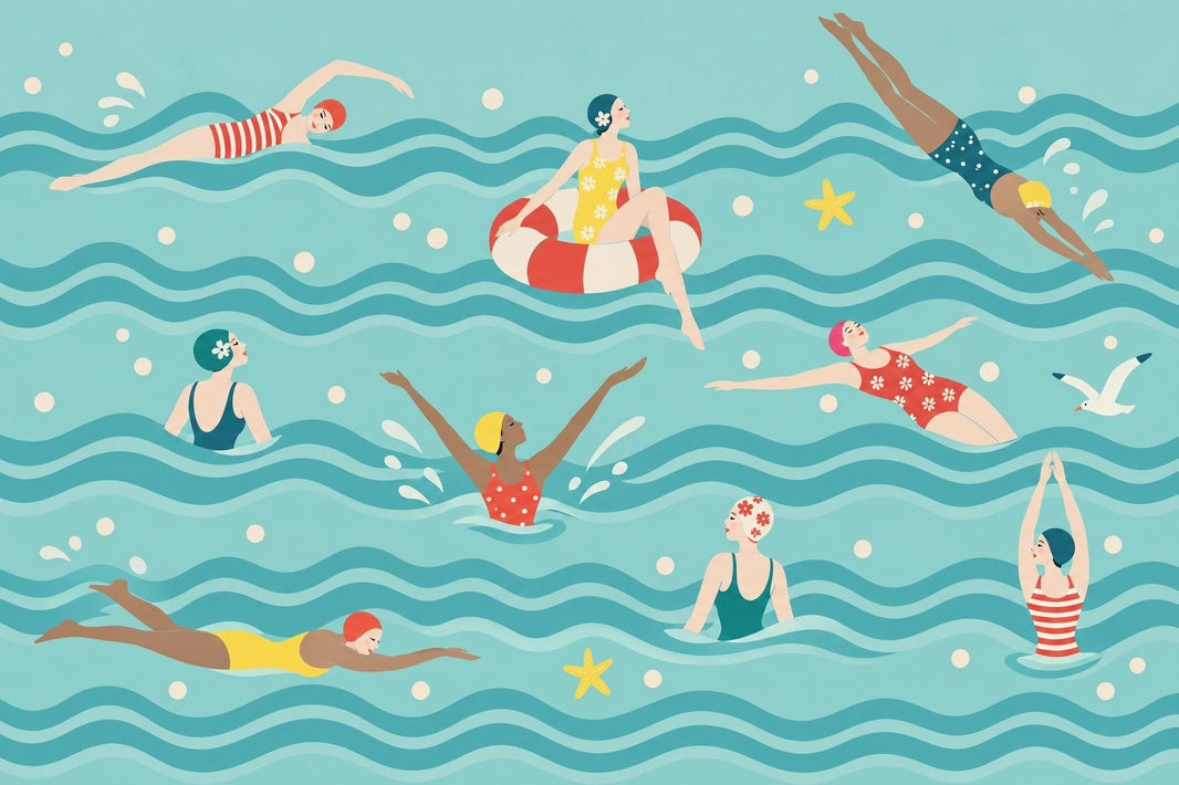 Retro Swimmers Wallpaper Teal Waves Wall Mural pattern artwork