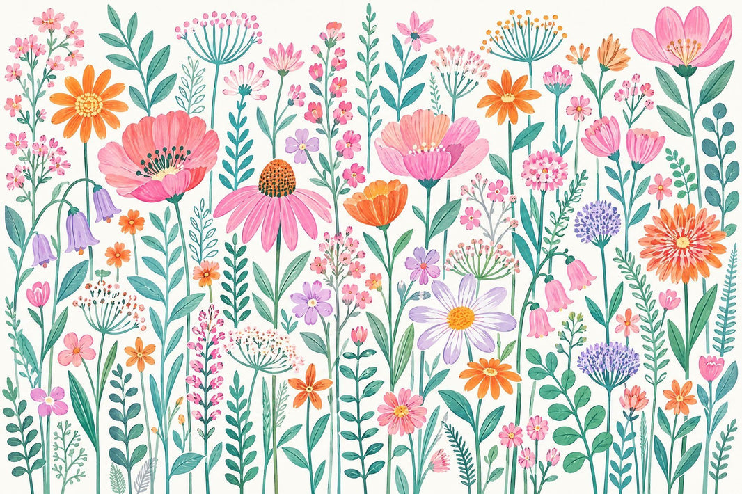 Watercolor Wildflowers Wallpaper White Background Botanical Wall Mural pattern artwork