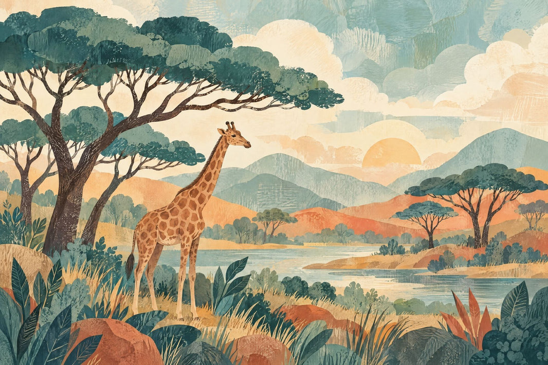 Giraffe Safari Landscape Wallpaper Vintage Sunset Wall Mural pattern artwork