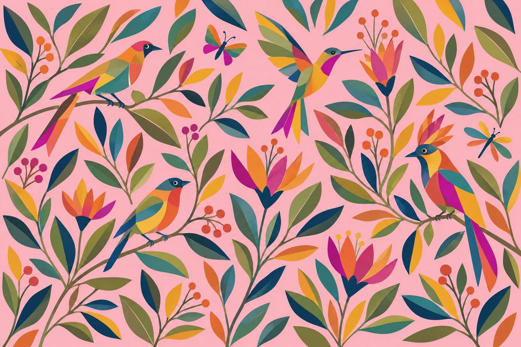 Tropical Birds Wallpaper Pink Botanical Wall Mural pattern artwork