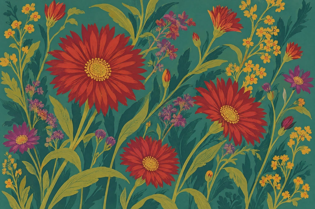 Red Gerbera Floral Wallpaper Dark Botanical Wall Mural pattern artwork