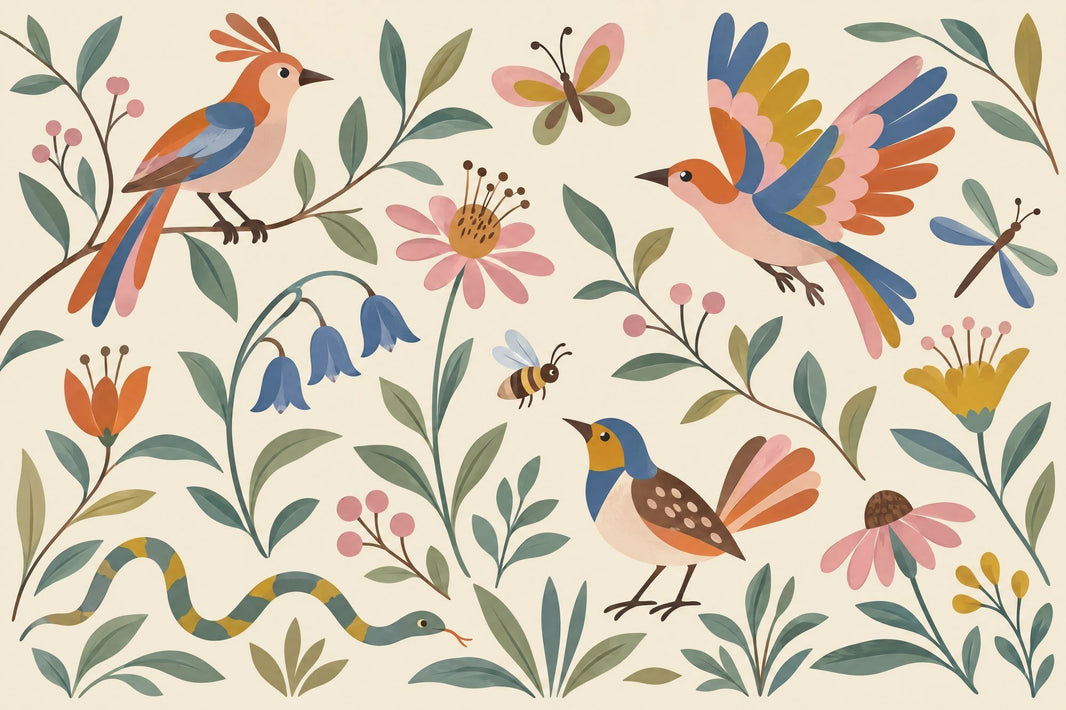 Whimsical Birds And Floral Wallpaper Folk Art Garden Wall Mural pattern artwork