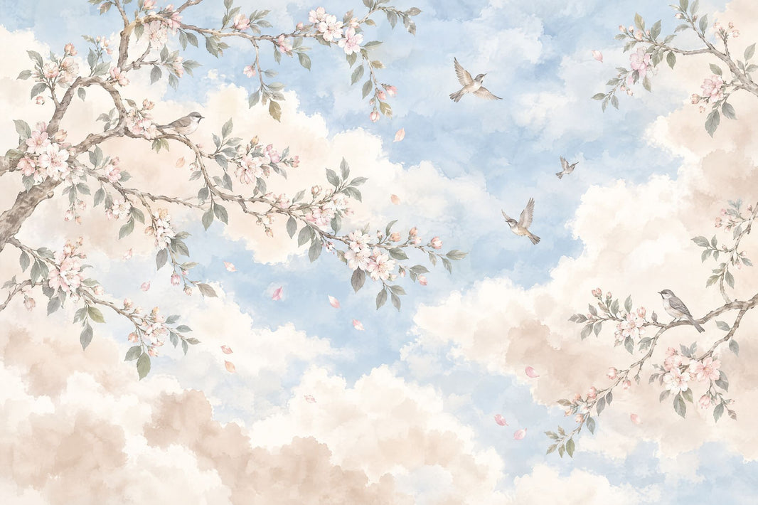 Blossoming Branches And Birds Wallpaper Watercolor Sky Wall Mural pattern artwork