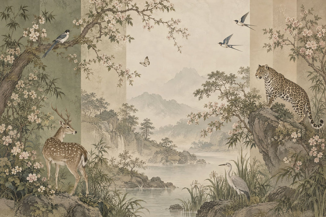Chinoiserie Wildlife Landscape Wallpaper Misty Mountains Wall Mural pattern artwork