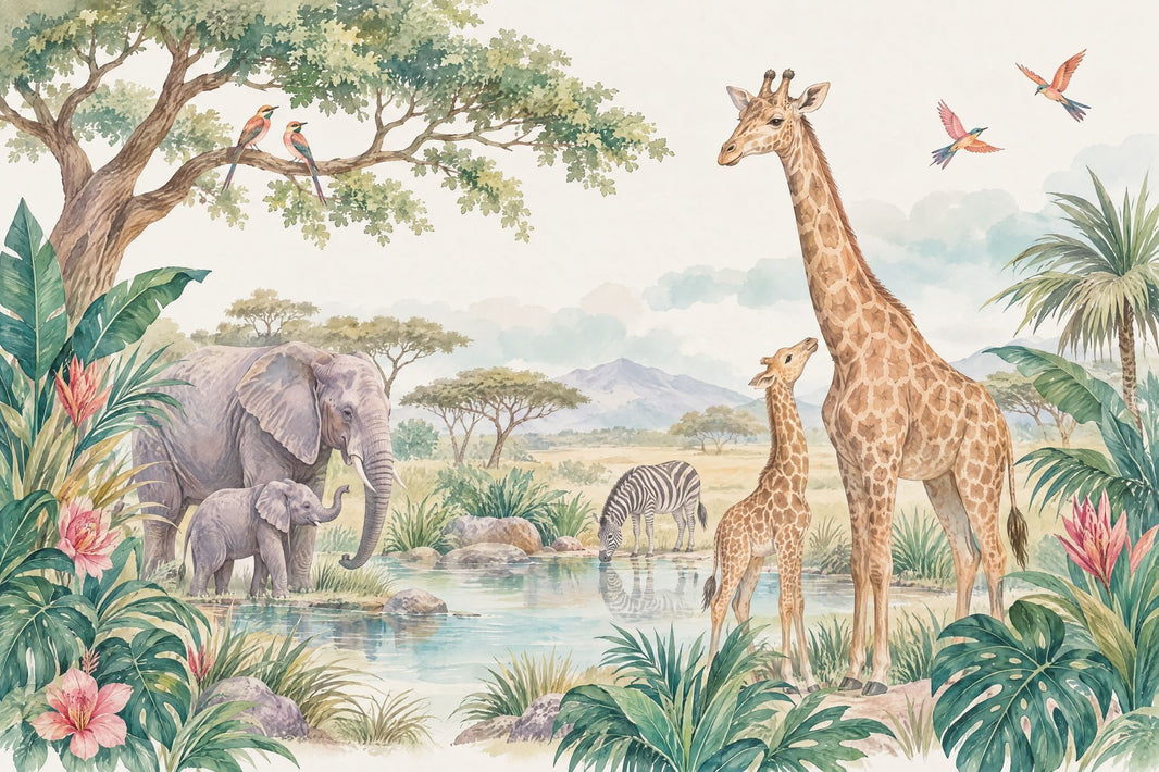 Safari Animals Wallpaper Watercolor Nursery Wall Mural pattern artwork