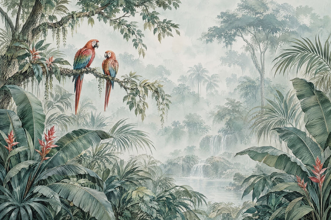 Macaws Tropical Jungle Wallpaper Watercolor Botanical Wall Mural pattern artwork