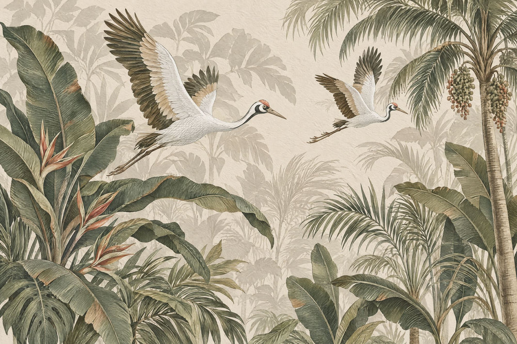 Tropical Cranes Wallpaper Vintage Jungle Wall Mural pattern artwork