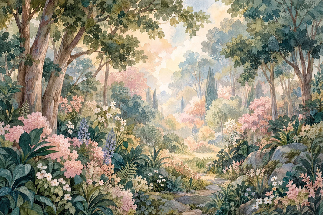 Watercolor Garden Path Wallpaper Romantic Botanical Wall Mural pattern artwork