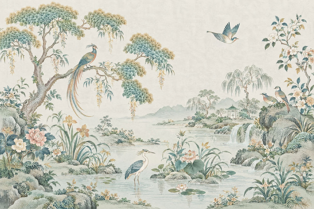 Chinoiserie Birds And Waterfall Wallpaper Ivory Garden Wall Mural pattern artwork