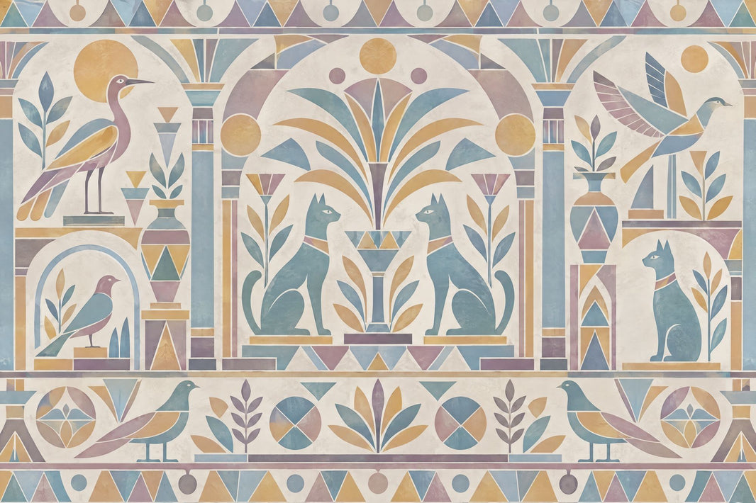Egyptian Cats And Birds Wallpaper Pastel Geometric Wall Mural pattern artwork