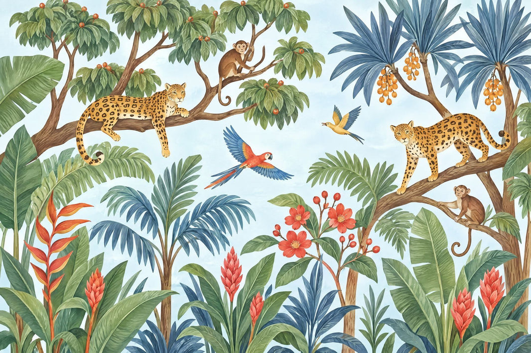 Tropical Jungle Animals Wallpaper Watercolor Illustration Wall Mural pattern artwork