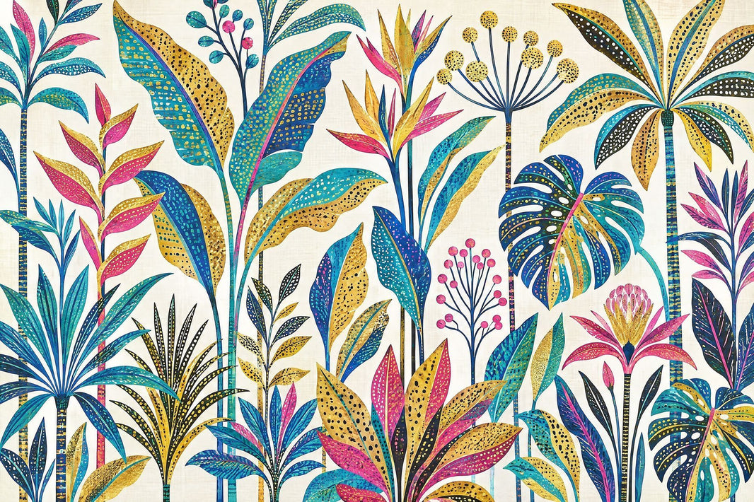 Tropical Botanical Wallpaper Teal Leaves And Gold Accents Wall Mural pattern artwork