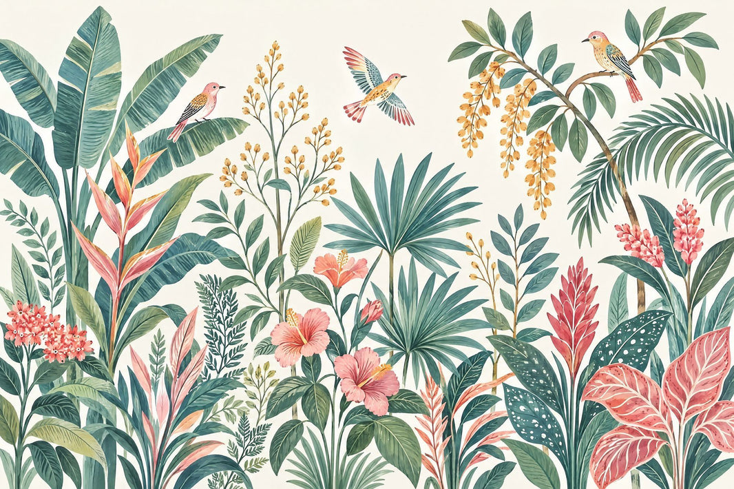 Watercolor Tropical Birds Wallpaper Botanical Jungle Foliage Wall Mural pattern artwork