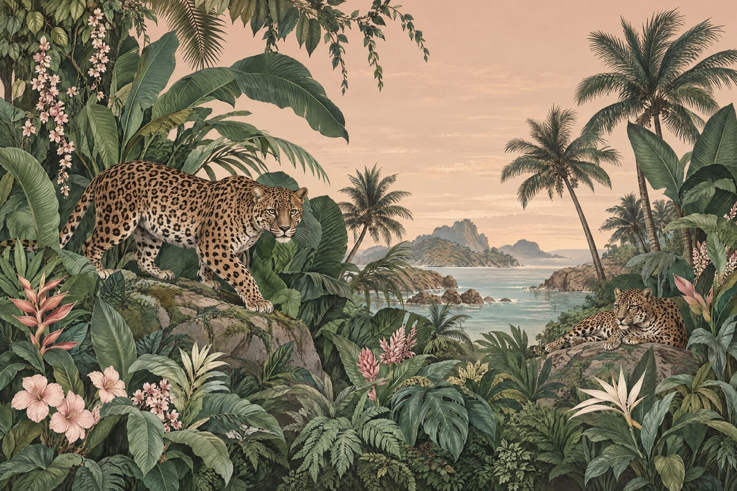 Leopard Jungle Coast Wallpaper Vintage Tropical Wall Mural pattern artwork