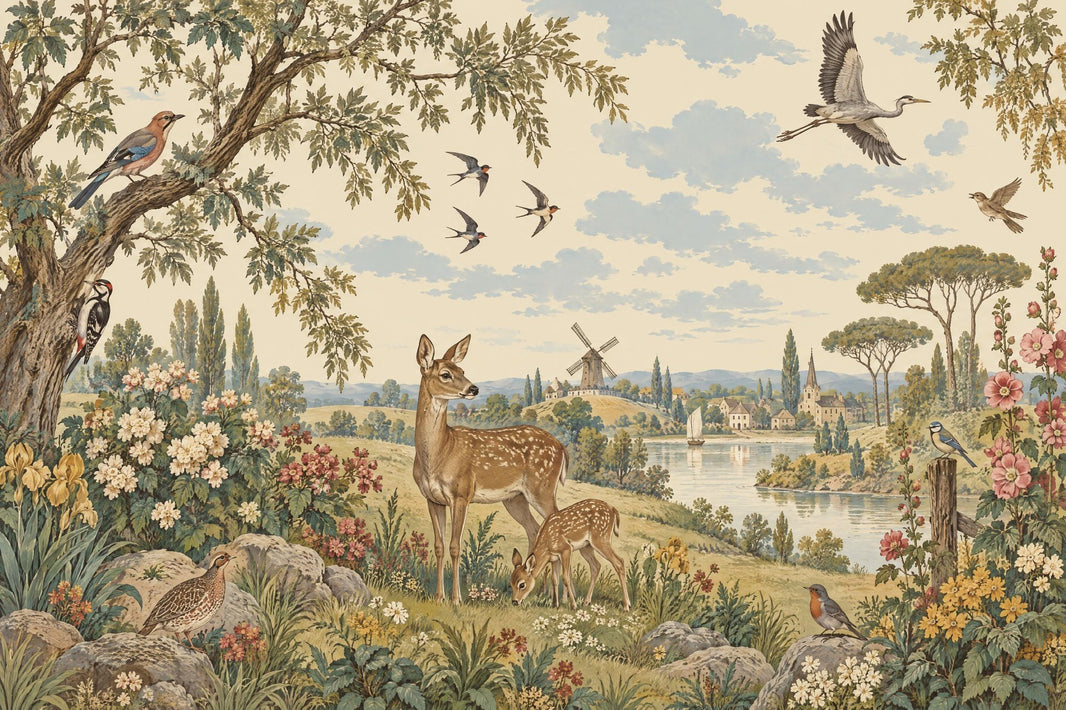 Deer And Windmill Wallpaper Vintage Countryside Wall Mural pattern artwork