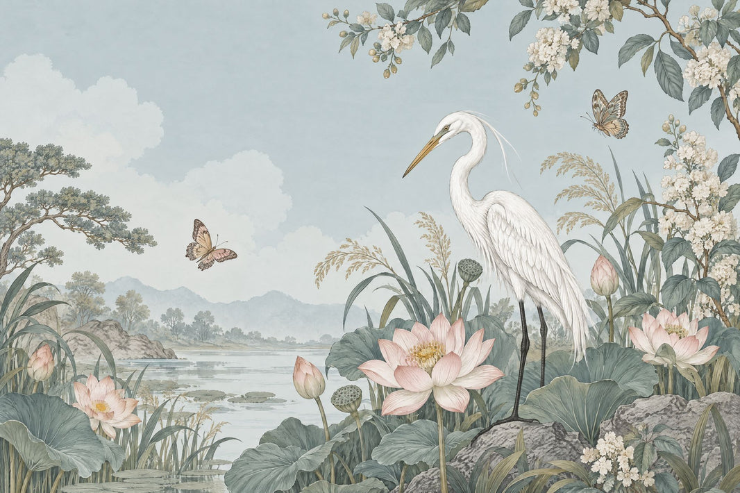 Heron And Lotus Wallpaper Chinoiserie Floral Landscape Wall Mural pattern artwork