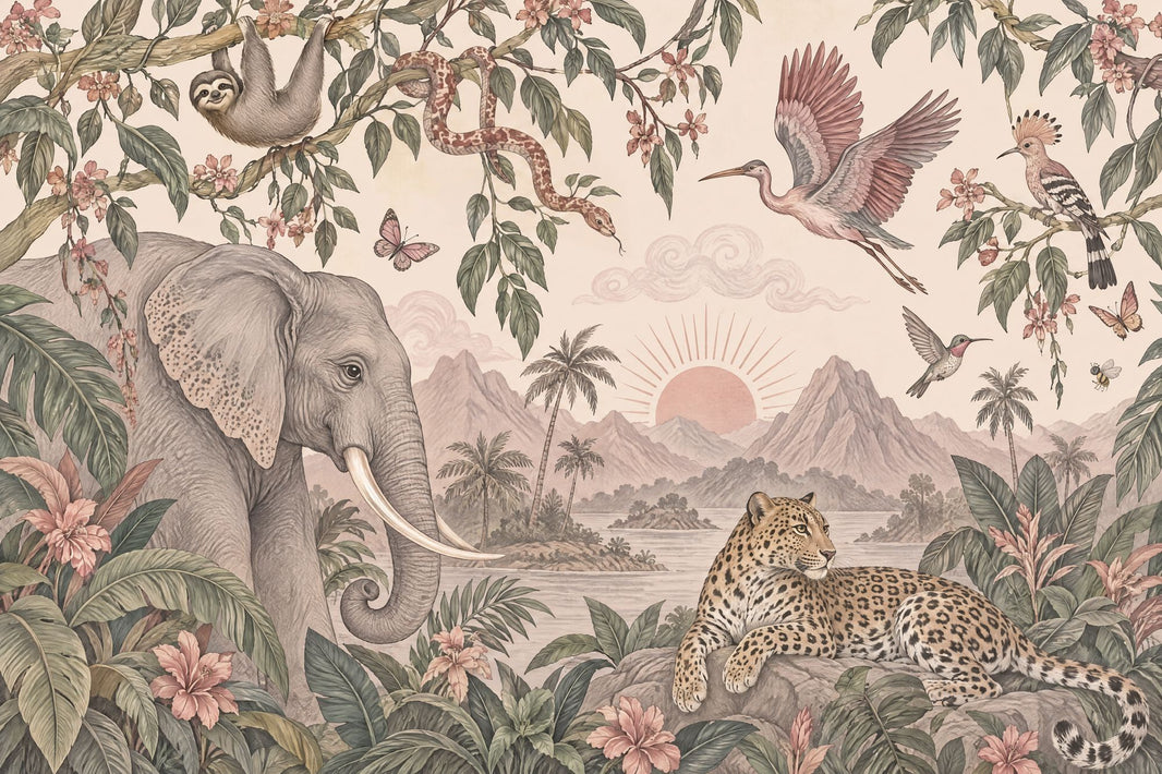 Tropical Jungle Animals Wallpaper Vintage Landscape Wall Mural pattern artwork