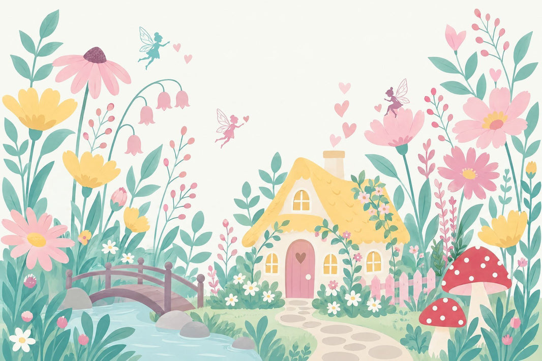 Fairy Garden Cottage Wallpaper Pastel Floral Wall Mural pattern artwork