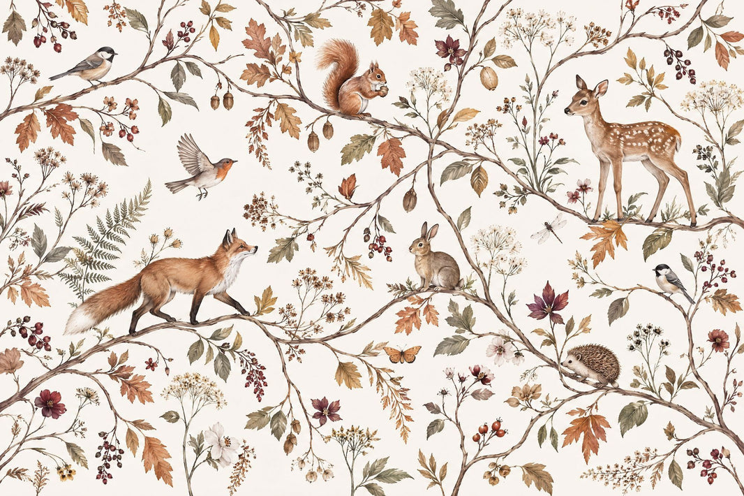 Woodland Animals Wallpaper Muted Green Botanical Wall Mural pattern artwork