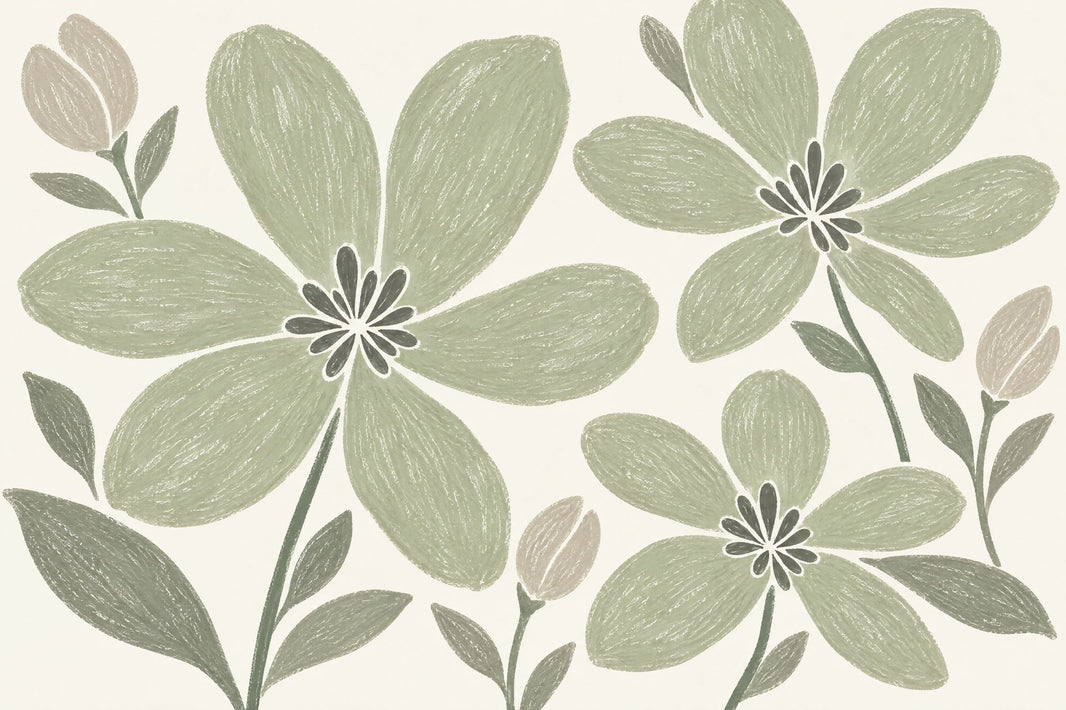 Sage Green Large Floral Wallpaper Hand Drawn Botanical Wall Mural pattern artwork