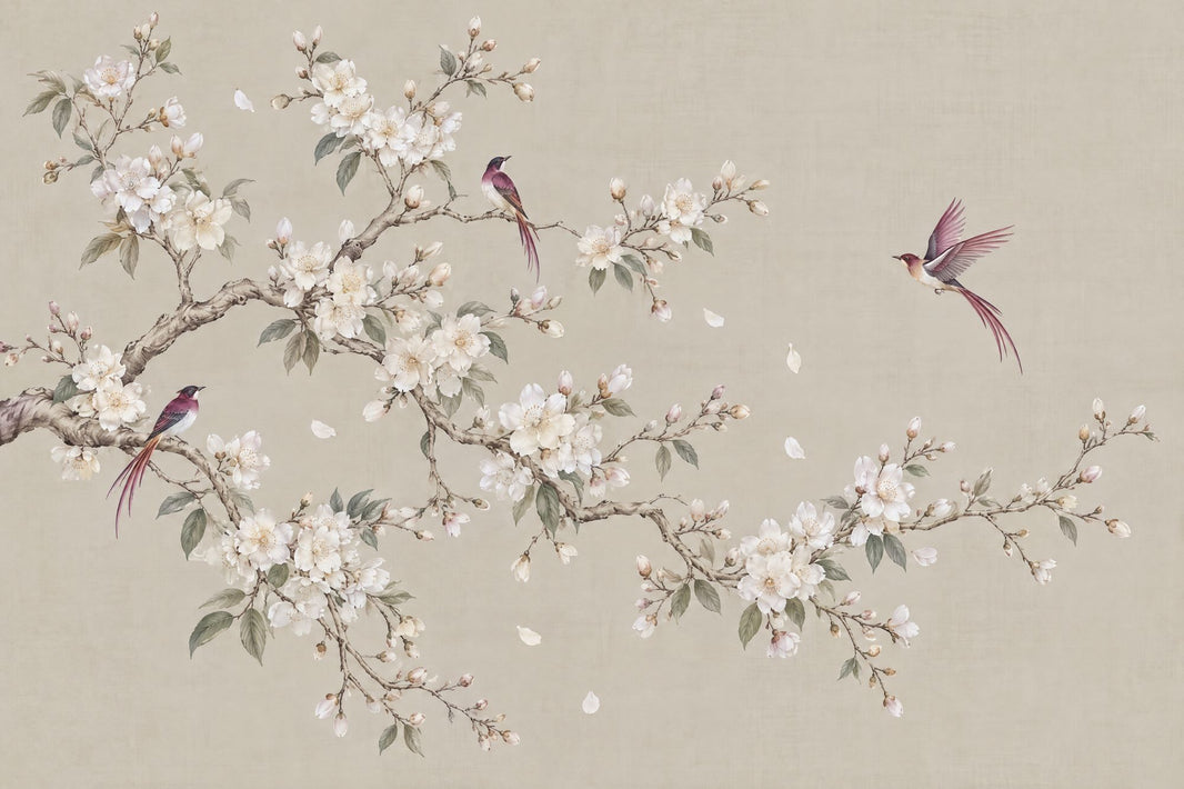 Cherry Blossoms And Birds Wallpaper Chinoiserie Botanical Wall Mural pattern artwork