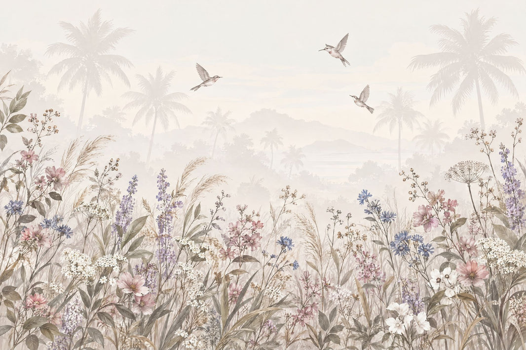Pastel Wildflowers Wallpaper Misty Mountains Wall Mural pattern artwork
