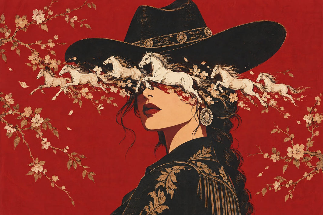 Cowgirl Portrait Wallpaper Red Gold Western Inspired Wall Mural pattern artwork