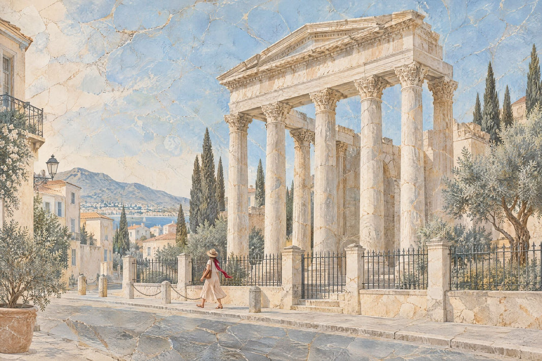 Mediterranean Temple Ruins Wallpaper Vintage Fresco Wall Mural pattern artwork