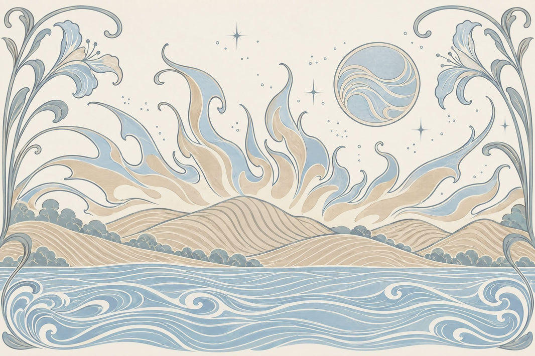 Art Nouveau Coastal Landscape Wallpaper Celestial Floral Border Wall Mural pattern artwork