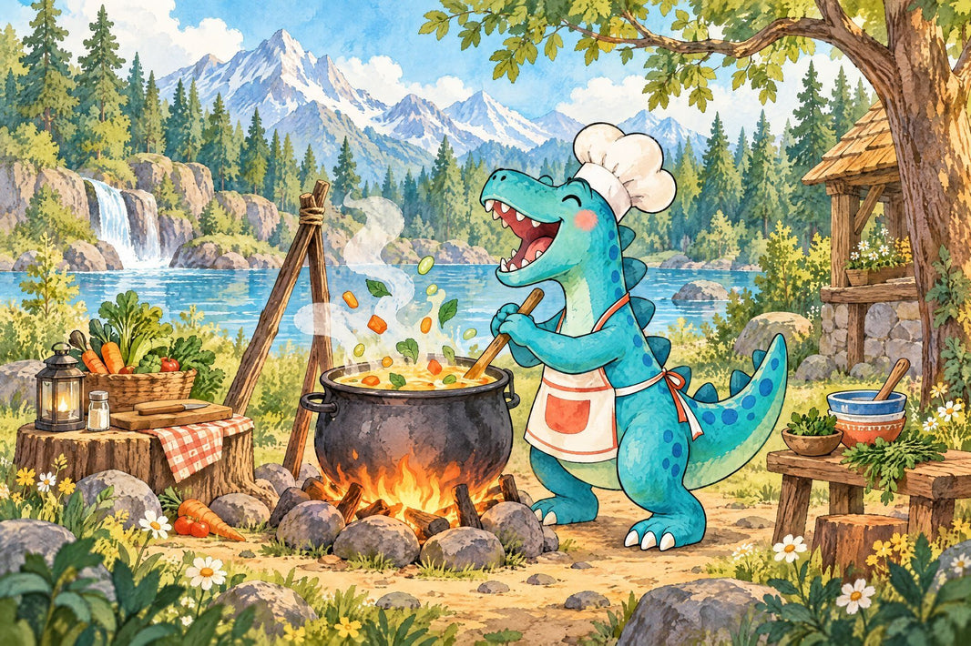 Dinosaur Chef Wallpaper Watercolor Landscape Wall Mural pattern artwork