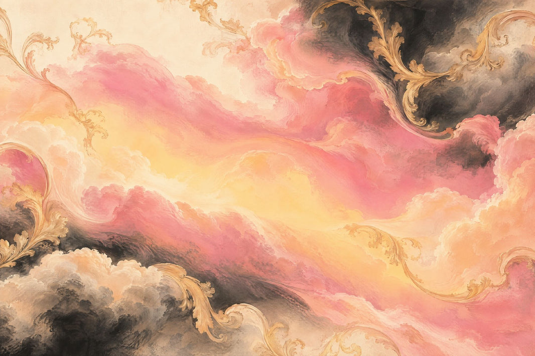 Pink Cloud Sky Wallpaper Gold Scrollwork Wall Mural pattern artwork