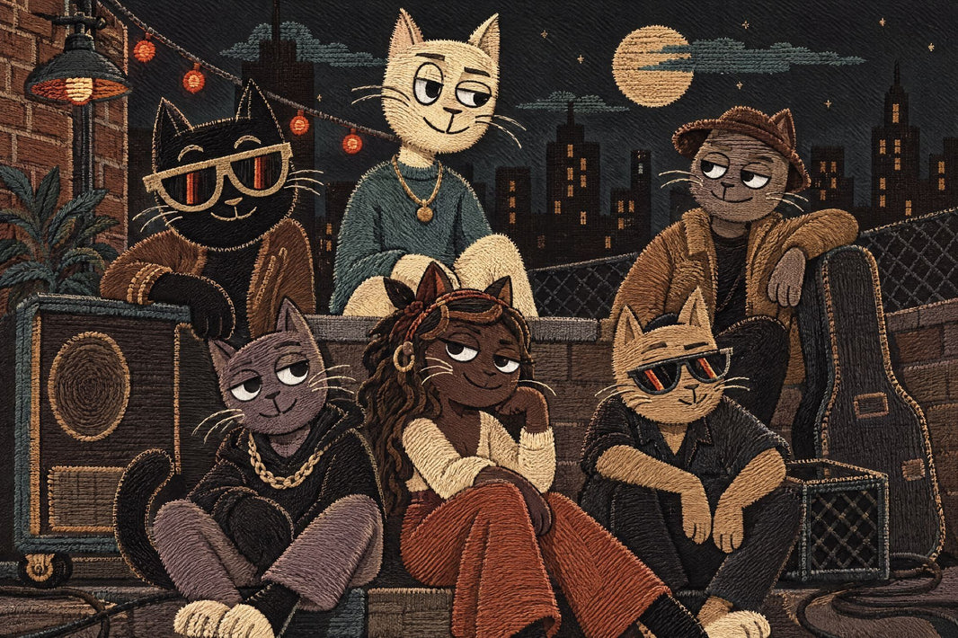 Cool Cat Rooftop Jam Wallpaper Brick Wall Night City Wall Mural pattern artwork