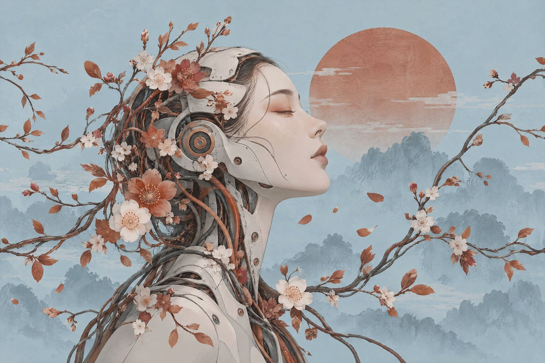 Cyborg Woman Portrait Wallpaper Red Sun Landscape Wall Mural pattern artwork