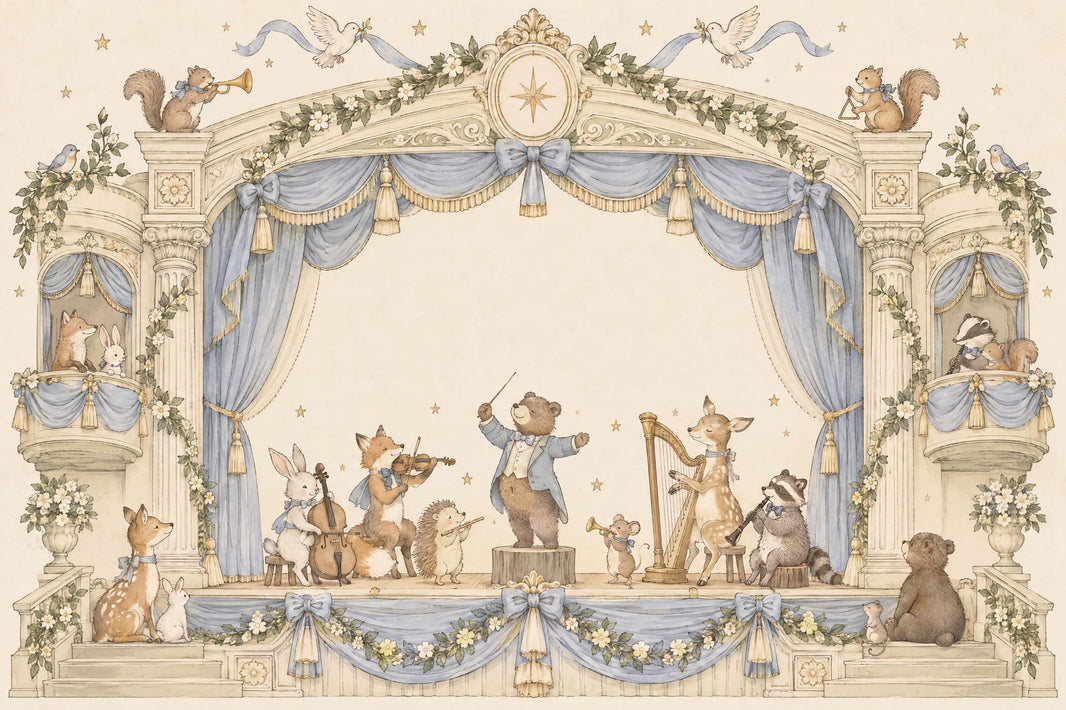 Woodland Animal Orchestra Wallpaper Blue Curtain Theater Wall Mural pattern artwork