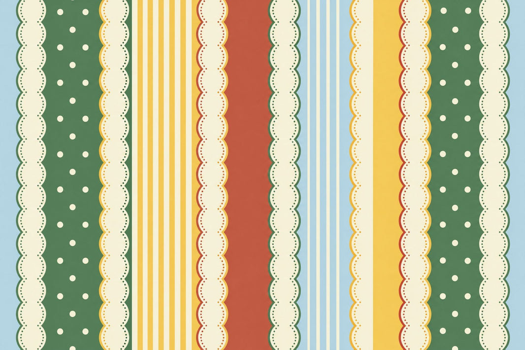 Retro Vertical Stripes Wallpaper Polka Dot Scalloped Border Wall Mural pattern artwork