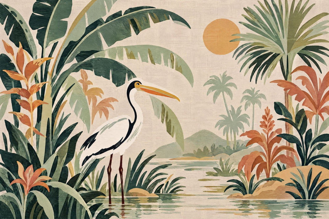 Tropical Lagoon Bird Wallpaper Watercolor Botanical Wall Mural pattern artwork