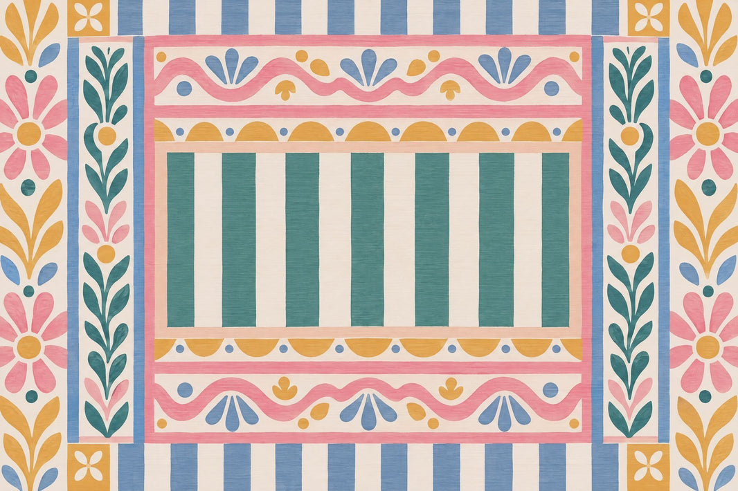 Folk Floral Border Wallpaper Pastel Stripes Wall Mural pattern artwork